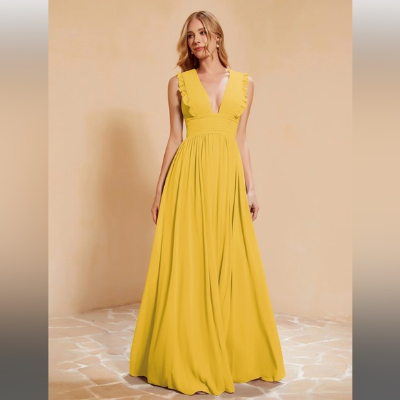Babaroni Plunging V-Neck Ruffles Pleated Dress With Silt Marigold BABARONI - Picture 1 of 6